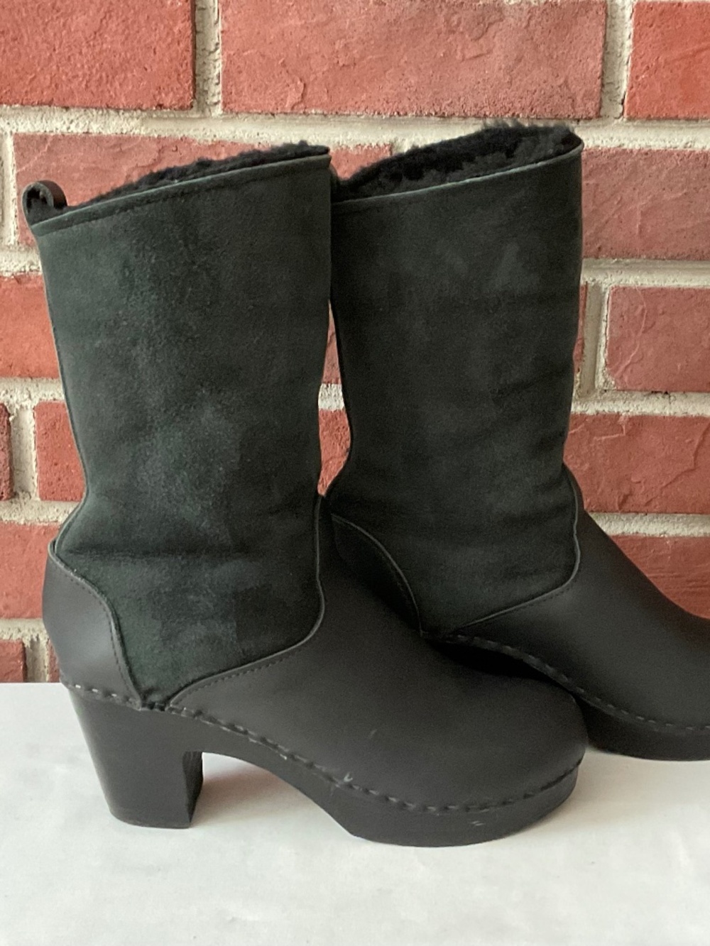 No.6 Black Shearling Pull-On Clog Mid-Calf Boots Size EU 41 Handmade -Minnesota